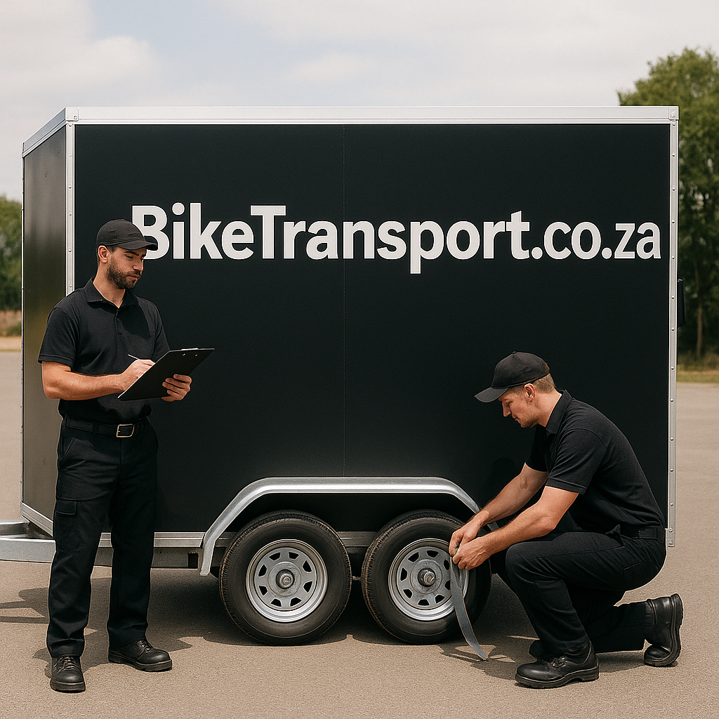 Bike Transport South Africa staff preparing enclosed motorcycle trailer, ensuring safe and professional bike delivery